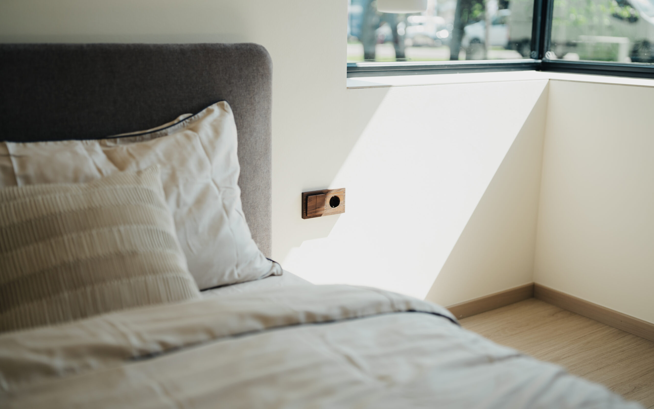 2-gang thermowood push-button light switch by Wemel Wood